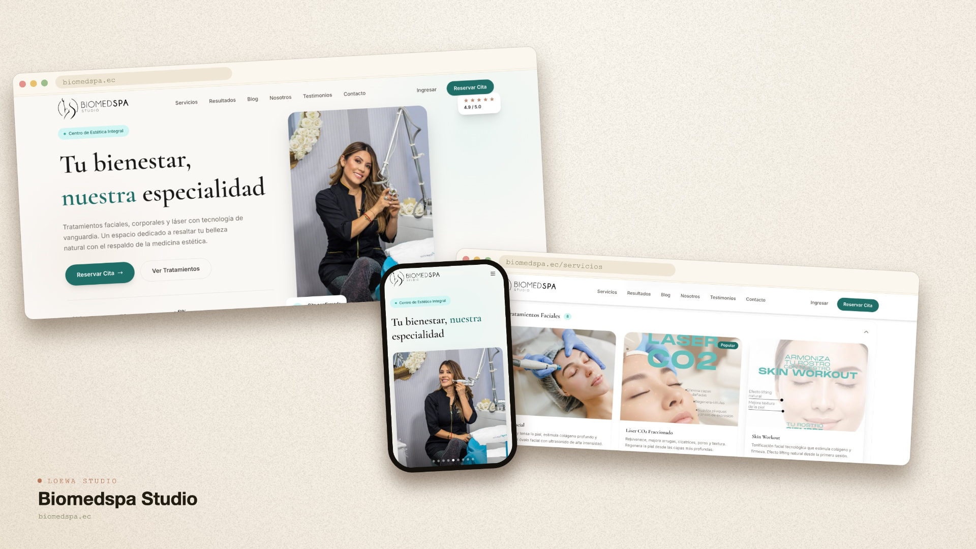 BIOMED SPA STUDIO homepage with hero image and booking call to action